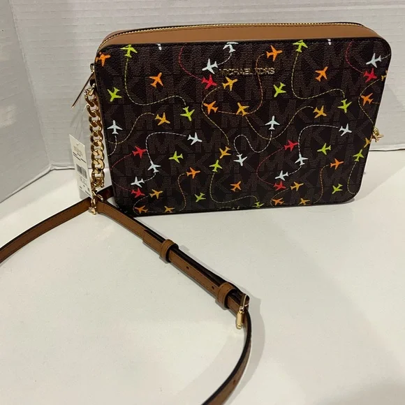 MICHAEL KORS JET SET BROWN MULTI EAST WEST AIRPLANES CROSSBODY BAG - Picture 1 of 9